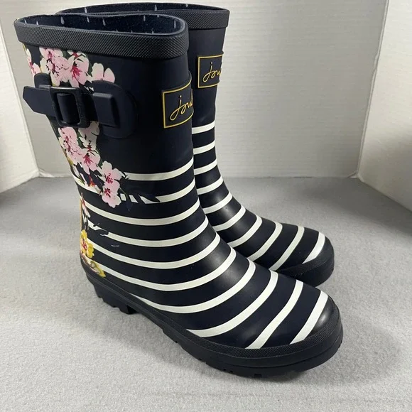Joules Molly Welly Rain Boots Navy White Stripe Floral Buckle Women US 7 EU 38 - Picture 11 of 12